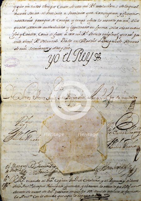 Decreto de Nueva Planta (Decree of New Plant), last page with the signature of king Phillip V; it…