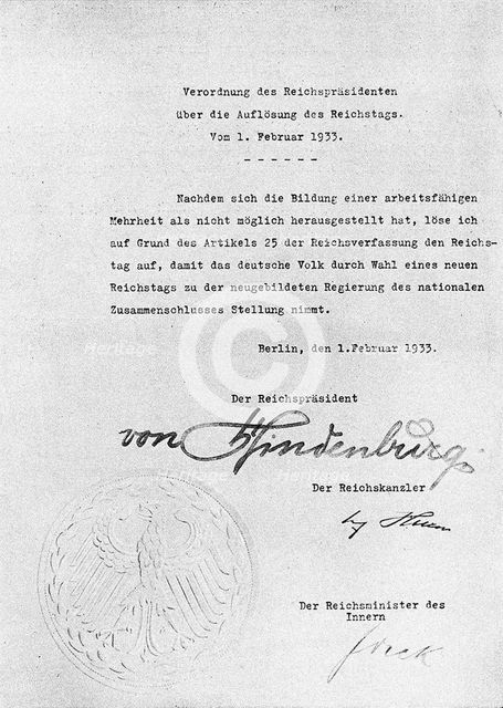 Decree from Hindenburg ordering dissolution of the Reichstag from 1 February 1933 Artist: Historical Document  
