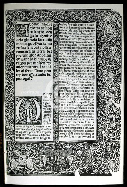 Dedicatory page of this edition of 'Tirant Lo Blanc', by Joanot Martorell, Valencia: Nicolau Spin…