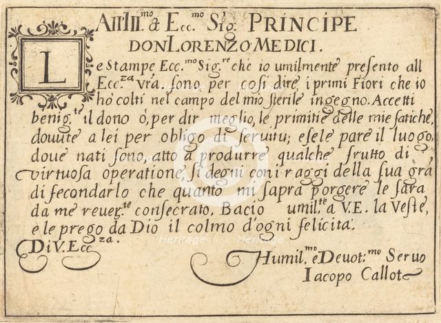 Dedication to Don Lorenzo de' Medici, c. 1617. Creator: Jacques Callot.