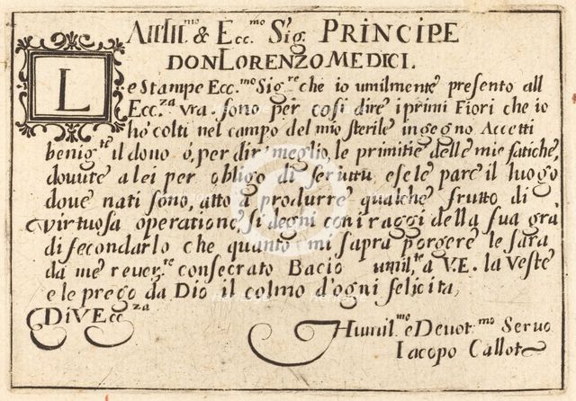 Dedication to Don Lorenzo de' Medici, c. 1622. Creator: Jacques Callot.