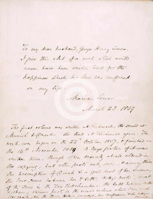Dedication from George Eliot (Marian Lewes) to her partner, George Henry Lewes,...1859 Creator: George Eliot.
