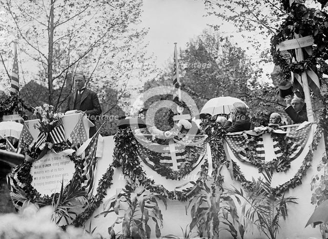Dedication of Henry Wadsworth Longfellow Statue with Bliss Perry of Harvard Speaking, 1909. Creator: Harris & Ewing.