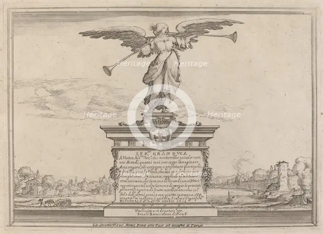 Dedication Page with Statue of Fama, 1638. Creator: Ercole Bazicaluva.