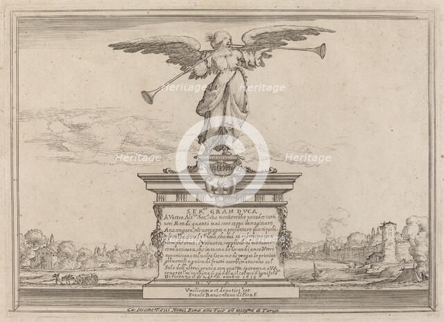 Dedication Page with Statue of Fama, 1638. Creator: Ercole Bazicaluva.