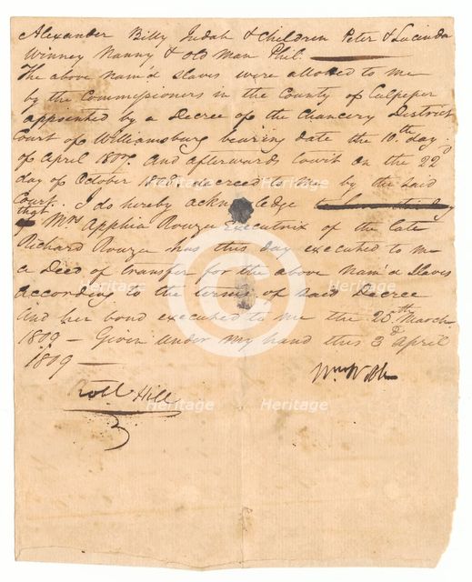 Deed of transfer of enslaved persons from the estate of Richard Rouzee, April 3, 1809. Creator: Unknown.
