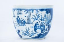 Deep blue and white fish bowl of sages in bamboo grove, 1630-1650