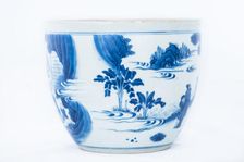 Deep blue and white fish bowl of sages in bamboo grove, 1630-1650
