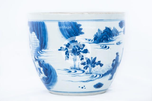 Deep blue and white fish bowl of sages in bamboo grove, 1630-1650. Artist: Unknown.