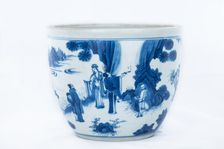 Deep blue and white fish bowl of sages in bamboo grove, 1630-1650