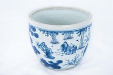 Deep blue and white fish bowl of sages in bamboo grove, 1630-1650