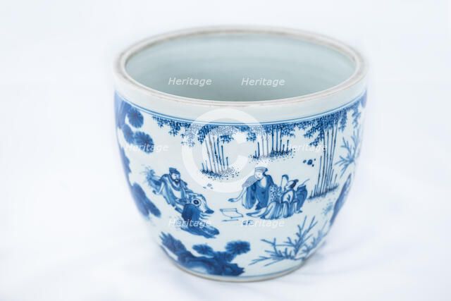 Deep blue and white fish bowl of sages in bamboo grove, 1630-1650. Artist: Unknown.