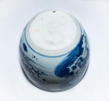 Deep blue and white fish bowl of sages in bamboo grove, 1630-1650