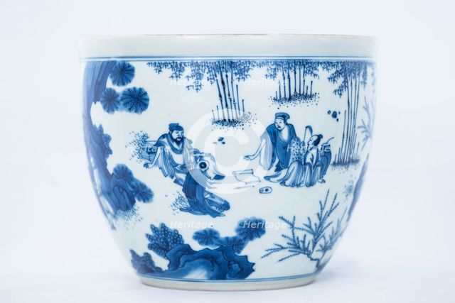 Deep blue and white fish bowl of sages in bamboo grove, 1630-1650. Creator: Unknown.