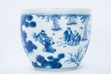 Deep blue and white fish bowl of sages in bamboo grove, 1630-1650. Creator: Unknown