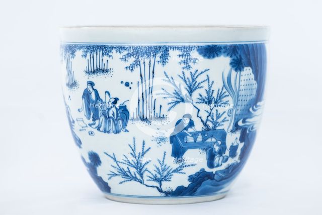 Deep blue and white fish bowl of sages in bamboo grove, 1630-1650. Creator: Unknown.