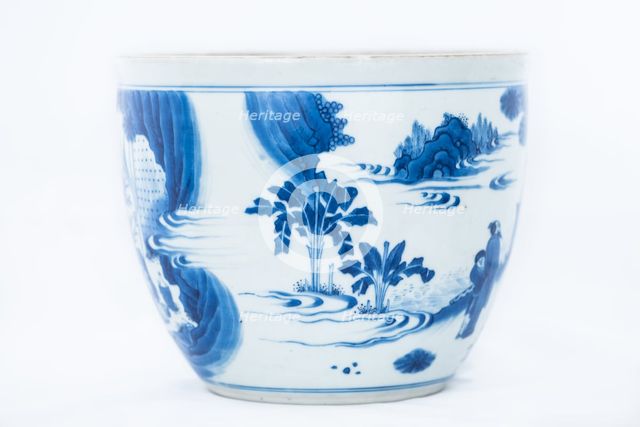 Deep blue and white fish bowl of sages in bamboo grove, 1630-1650. Creator: Unknown.