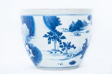 Deep blue and white fish bowl of sages in bamboo grove, 1630-1650. Creator: Unknown