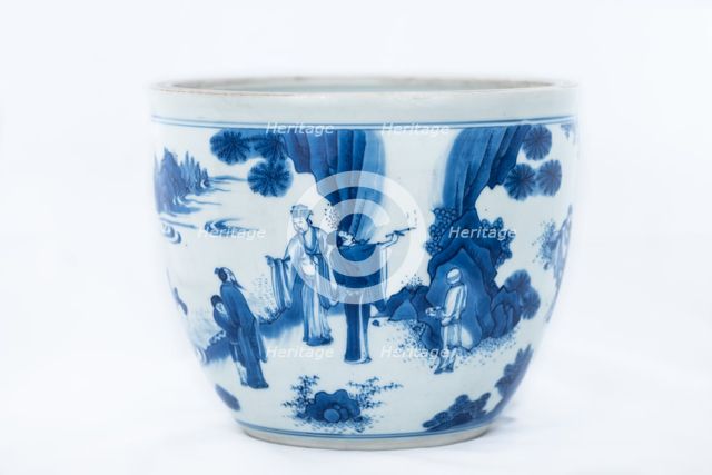 Deep blue and white fish bowl of sages in bamboo grove, 1630-1650. Creator: Unknown.