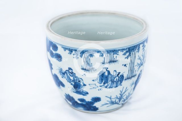 Deep blue and white fish bowl of sages in bamboo grove, 1630-1650. Creator: Unknown.