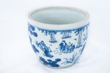 Deep blue and white fish bowl of sages in bamboo grove, 1630-1650. Creator: Unknown