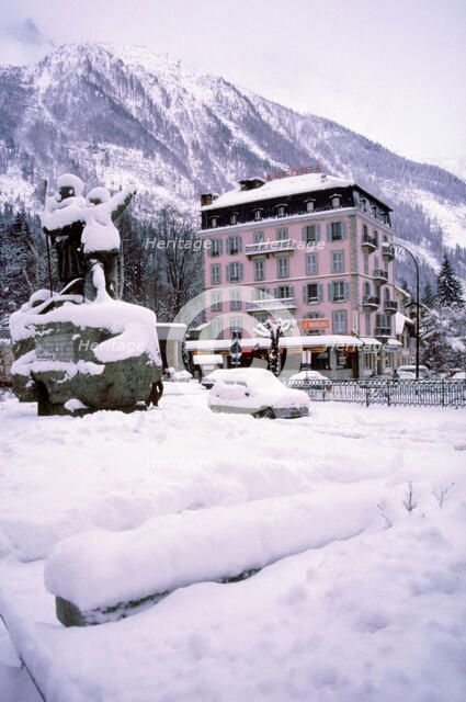 Deep snow in Alpine village. Artist: Unknown.