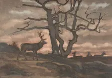 Deer and Tree Against Sunset, 1810-75. Creator: Antoine-Louis Barye