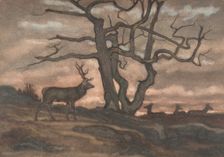Deer and Tree Against Sunset, 1810-75. Creator: Antoine-Louis Barye