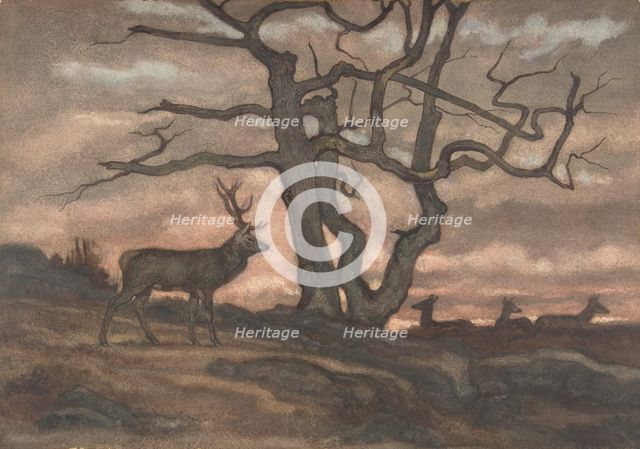 Deer and Tree Against Sunset, 1810-75. Creator: Antoine-Louis Barye.