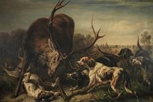 Deer caught by dogs, 1858. Creator: Benno Adam
