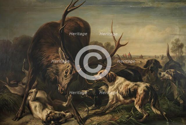 Deer caught by dogs, 1858. Creator: Benno Adam.