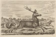 Deer Chased by Two Dogs to the Left. Creator: Stefano della Bella