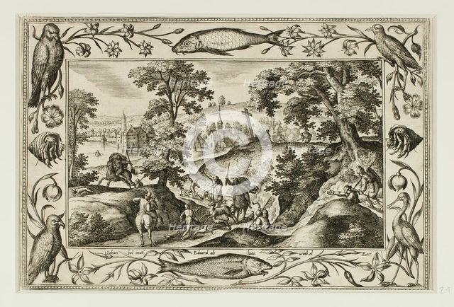Deer Hunt, from Landscapes with Old and New Testament Scenes and Hunting Scenes, 1584. Creator: Adriaen Collaert.