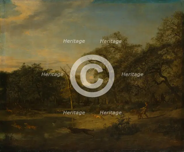 Deer Hunt in a Swampy Forest Landscape, 1665. Creator: Adriaen van de Velde.