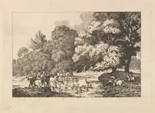 Deer Hunting - A Landscape Scene with Stag and Hounds in a River, 1787. Creator: Thomas Rowlandson