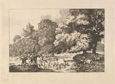 Deer Hunting - A Landscape Scene with Stag and Hounds in a River, 1787. Creator: Thomas Rowlandson