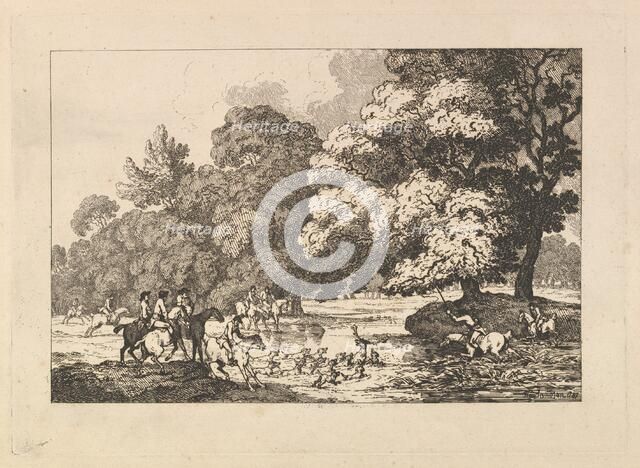 Deer Hunting - A Landscape Scene with Stag and Hounds in a River, 1787. Creator: Thomas Rowlandson.