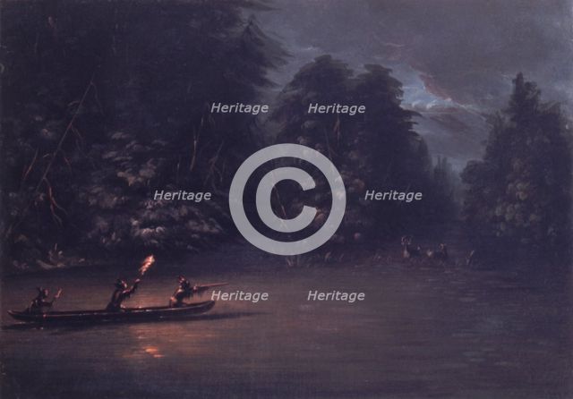 Deer Hunting by Torchlight in Bark Canoes, 1846-1848. Creator: George Catlin.