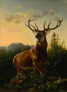 Deer in Forest Landscape , 1876. Creator: Brodszky, Sándor (1819-1901)