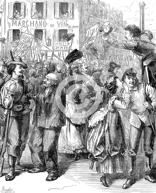 Defence of Paris: students going to man the barricades, Franco-Prussian War, 1870. Artist: Frederick Barnard