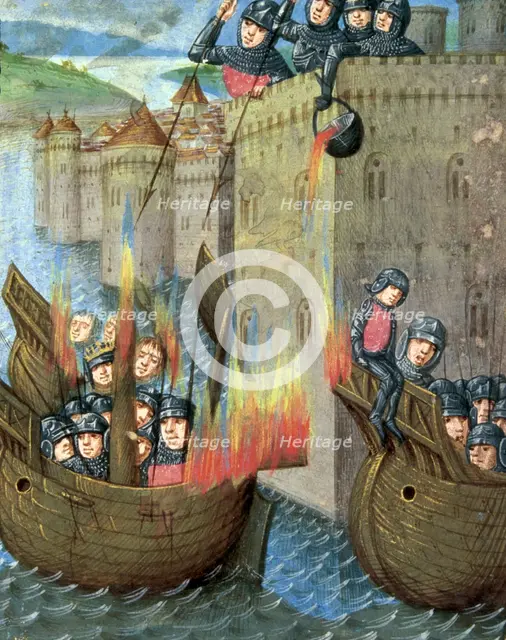 Defenders pour boiling oil onto attacking ships, c1473. Creator: Unknown.