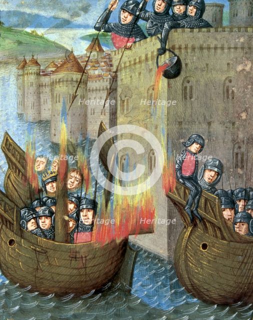 Defenders pour boiling oil onto attacking ships, c1473. Creator: Unknown.