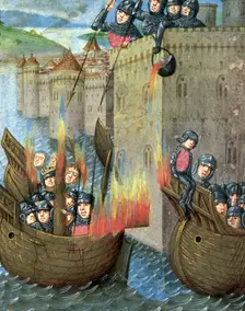 Defenders pour boiling oil onto attacking ships, c1473. Creator: Unknown