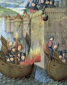 Defenders pour boiling oil onto attacking ships, c1473. Creator: Unknown