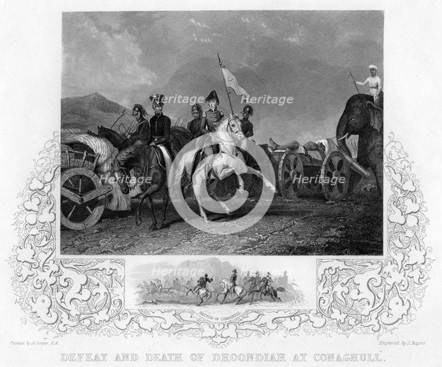 'Defeat and Death of Dhoondiah at Conaghull', 1800, (early-mid 19th century).  Creator: J Rogers.