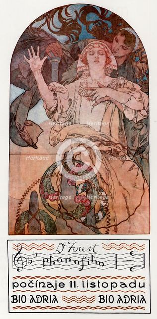 DeForest Phonofilm. Presentation of one of the first musical sound films at the Adria in Prague, 1927. Artist: Mucha, Alfons Marie (1860-1939)