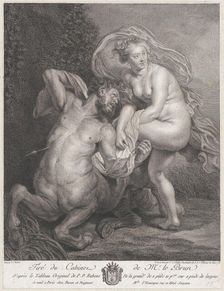Deianeira receiving the poisoned tunic from Nessus, and the wounded centaur falling to the..., 1778. Creator: Christian Gottfried Schulze