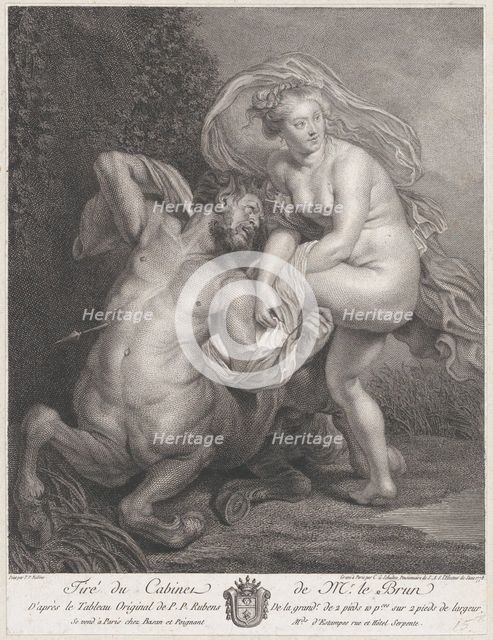 Deianeira receiving the poisoned tunic from Nessus, and the wounded centaur falling to the..., 1778. Creator: Christian Gottfried Schulze.