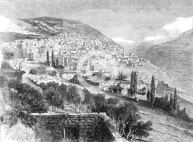 Deir-el-Kamr, on the southern side of Mount Lebanon, lately destroyed by the Druses, 1860. Creator: Unknown.