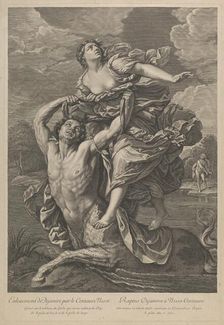 Dejanira being abducted by the centaur Nessos, a man with bow and arrow at right,..., ca. 1800-1850. Creator: Anon